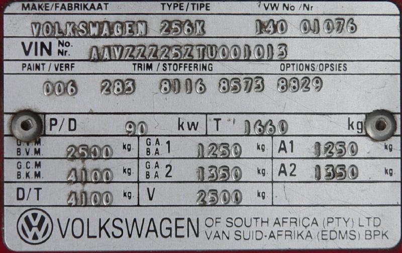 VIN plate AAVZZZ25ZTU001013
