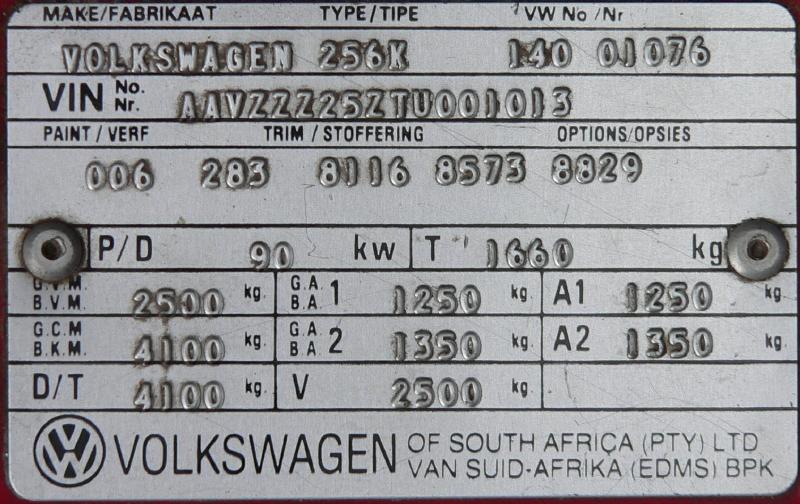 VIN plate AAVZZZ25ZTU001013